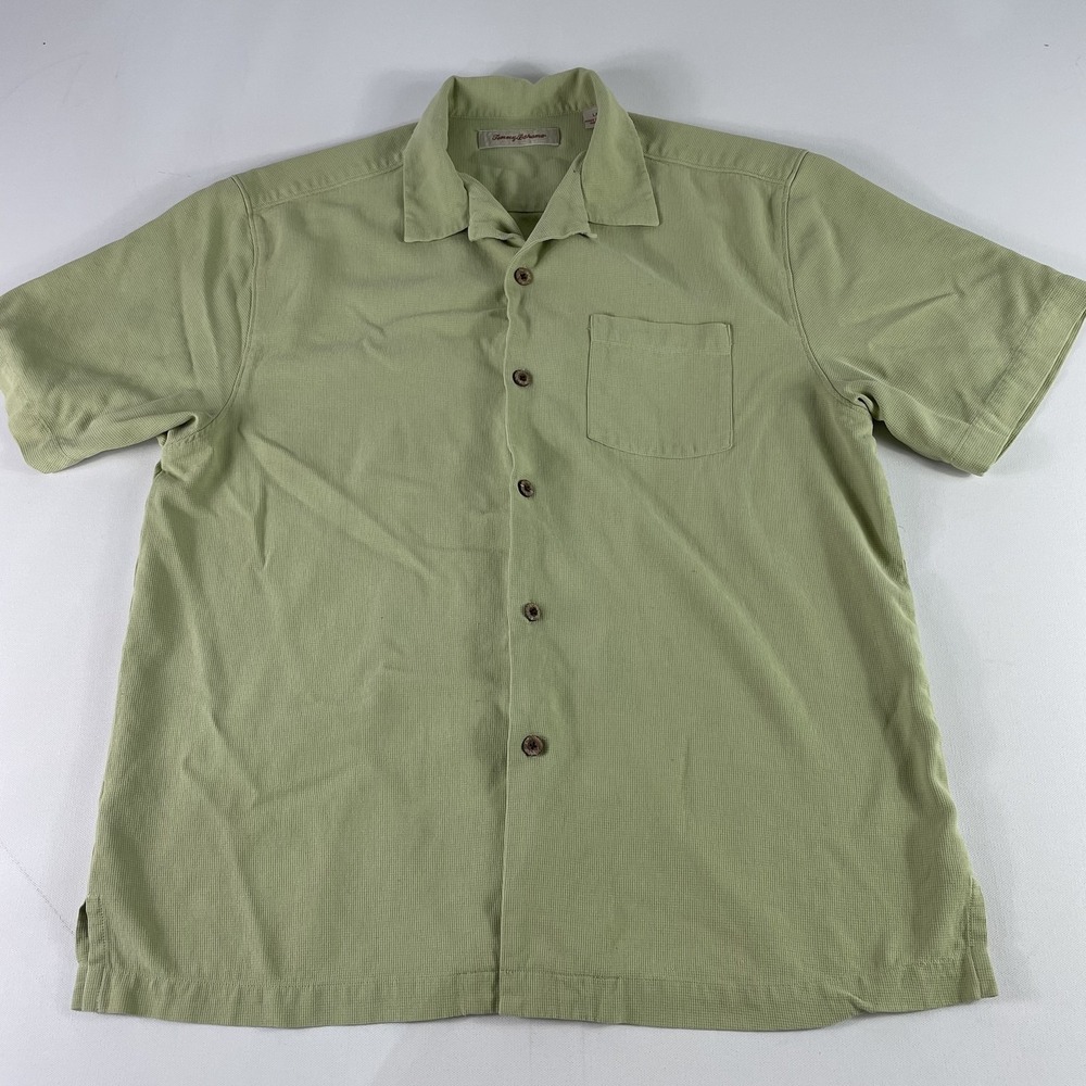 Tommy Bahama Button Down Shirt Mens‎ Large Green Silk Short Sleeve Pocket